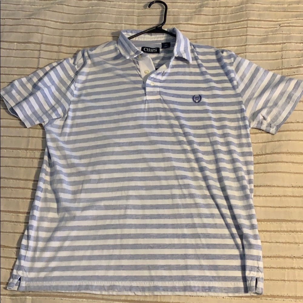 short sleeve collared shirt, faded blue and white